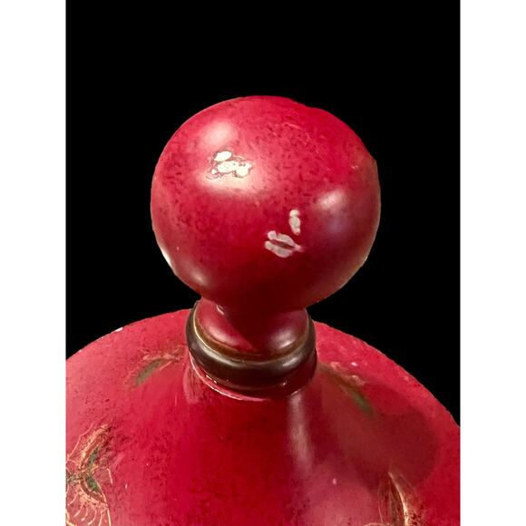 Red Tole Metal Urn-Oriental Accents-Brass Lion Head Handles-Vintage-Chestnut-Lid - Picture 8 of 10